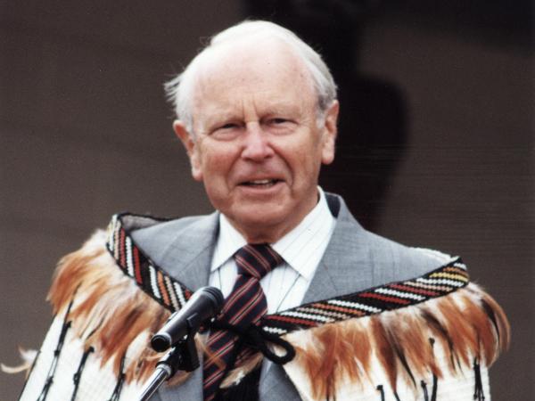 Sir Michael Hardie Boys at Orongomai Marae, Waitangi Day 2001