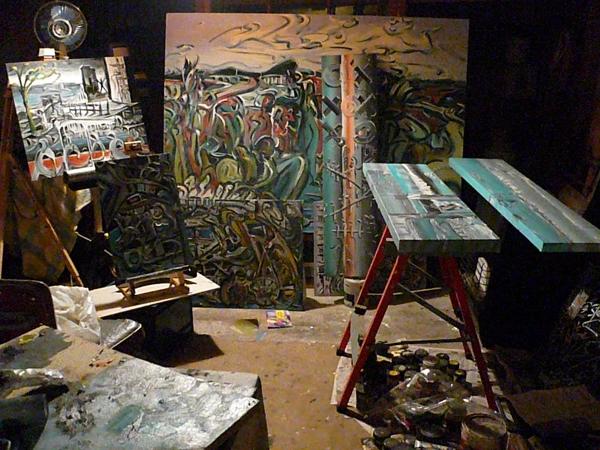 My 'studio' (my mess, but unfortunately I lost this inspirational artist's (muse) location to the earthquakes in ChCh that wrecked this 'studio'-an old wooden garage). Leon Aarts