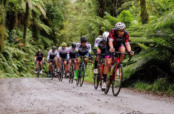 Jake Marryatt leads the elite men's bunch on the gravel with Hamish Keast on his wheel in last year's CYB Construction Hokitika Classic. 