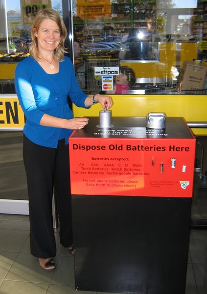 Sarah Painter, Environmental Educator with the new battery disposal bin at Pak�n�Sav