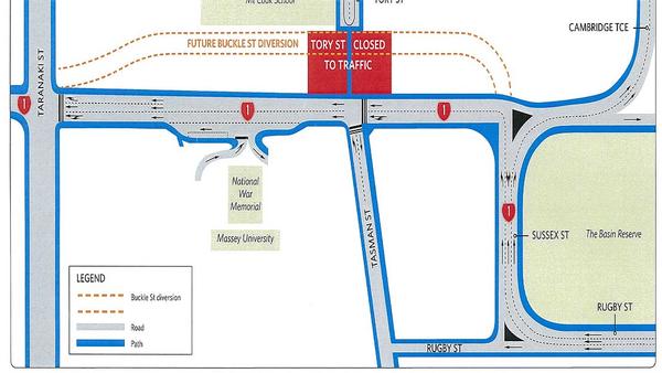 Map of stage one Buckle Street underpass closures and diversions.