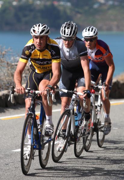 Hayden Roulston leads the Festival of Cycling road race on the original route up the Sumner Lyttelton Road to Evans Pass in 2008 