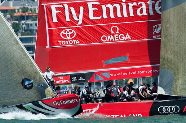 Emirates Team New Zealand trailed Mascalzone Latino or the first beat, rounding the mark 22sec behind.