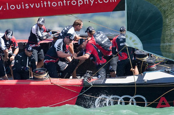 Emirates Team New Zealand trailed Mascalzone Latino or the first beat, rounding the mark 22sec behind.