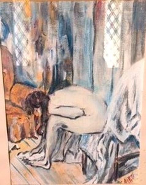 'Woman washing feet' by Leon Aarts, acrylics on paper. (sold)