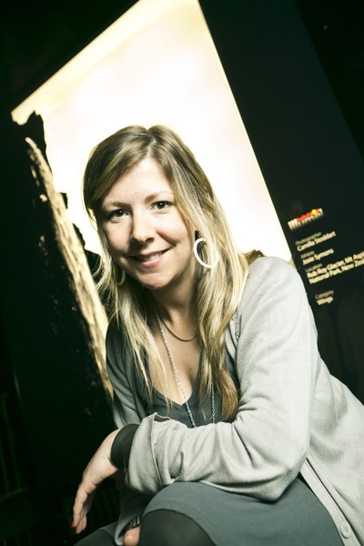 Camila Stoddart  in front of the giant 2m high illumination of her image in Dublin