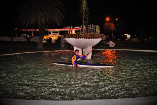 Paddling his kayak in central Greymouth's town fountain made Lachlan Brownlie a very happy winner of the Coast to Coast Giant bikes sponsorship package worth $5000 for his creative training image.  