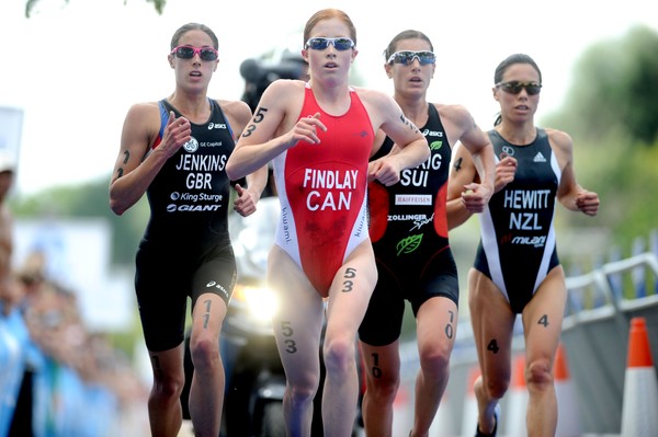 Andrea Hewitt (far right) finished 4th at the London ITU triathlon.