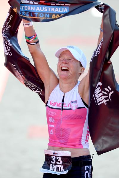 Nelson's Britta Martin celebrates her breakthrough victory in Ironman Western Australia in Perth today