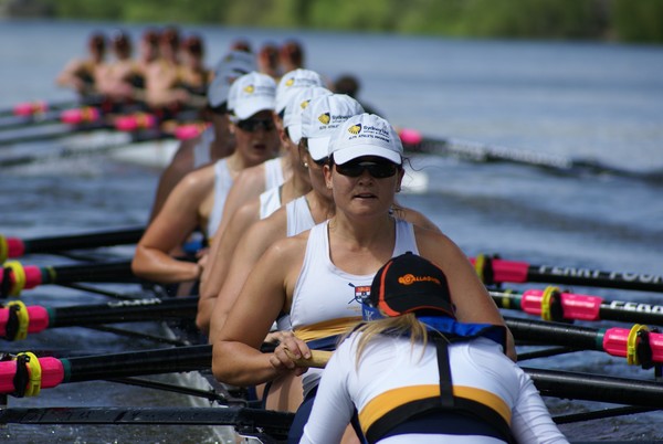 Sally Kehoe stays calm in the stroke seat of the Sydney eight as Waikato take an early lead. Kehoe led the Sydney crew to a comeback and a win in the Brian Gould Trophy