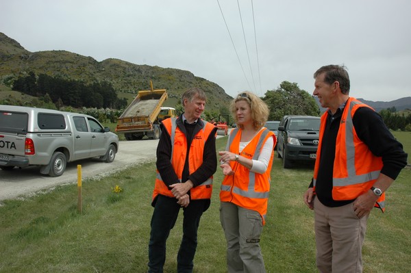 Councillor Lex Perkins, Downer EDI Divisional Manager QLDC Maintenance Kirsty Marlow and Councillor John Wilson on site at Morven Ferry Road