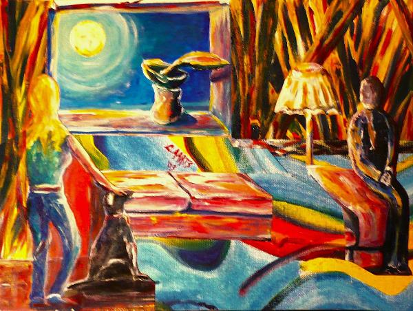 "Moonage Daydream" (named after a David Bowie song), acrylics and multi media on canvas board, by Leon Aarts  (gifted)