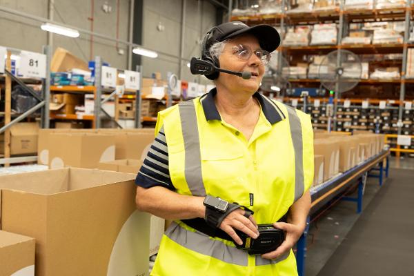 OfficeMax's Lorraine Watson pictured with wearable technology at Distribution Centre.