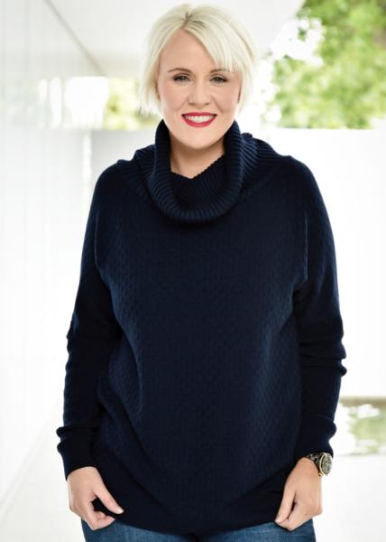 PAULA RYAN Basketweave Cowl Sweater in French Navy, as worn by Bridget Hope of Magpie Style