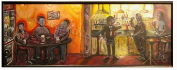 'The Bar',acrylics on board, by Leon Aarts (c.2008) (sold)It feels like a blend of expressionism and social realism, reminiscent of artists who capture pub culture (think early Van Gogh's peasant scenes or even some of the Ashcan School).