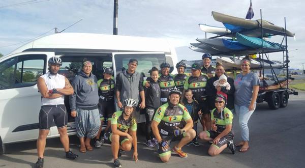Frank Haimona and his Time 2 Train crew at the end of another long day as they cycle and kayak 1700 kilometres to be on the start line of the Kathmandu Coast to Coast.   