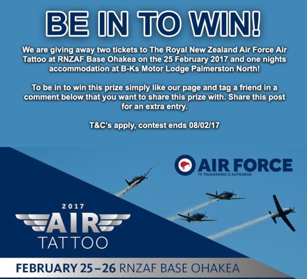 B-K's Palmerston North Motor Lodge Announces Facebook Giveaway: Tickets to RNZAF Tattoo and a Night's Accommodation New Zealand News B-K's Palmerston North Motor Lodge Announces Facebook Giveaway: Tickets to RNZAF Tattoo and a Night's Accommodation New Zealand News