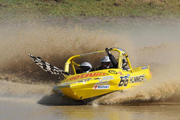 An elated Leighton and Kellie Minnell set fastest overall time to win Sunday's third round of the 2011 Jetpro Jetsprint Championship series held at Meremere