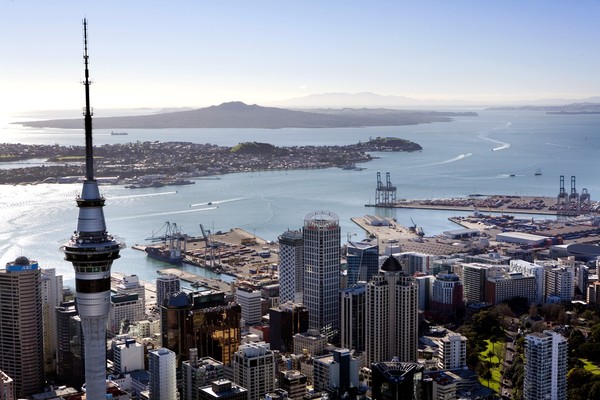 Port of Auckland and the Waitemata Harbour from the city centre, Rangitoto Island in the background, 2009