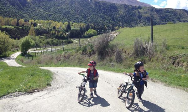 Queenstown 4-year-olds Ollie Blakey and Otis Clarborough check out the Queenstown Trail at the weekend. 