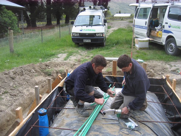 Mark Galbraith of Arrowtown Plumbing, shown with Craig McIvor, is coordinating the plumbing installation by Southland Master Plumbers' Association at the Gibbston Community Reserve toilet block. 