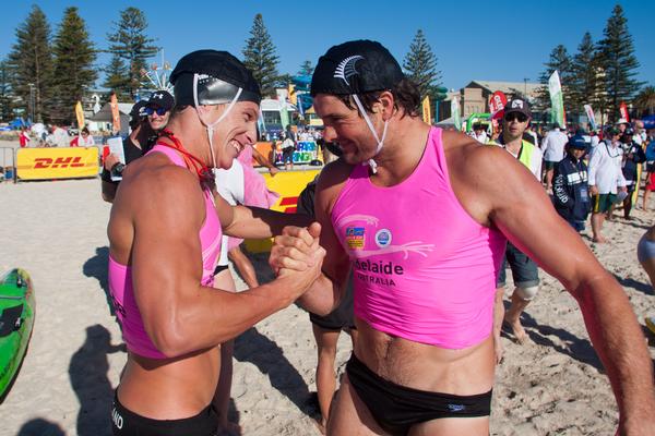 Max Beattie and Kevin Morrison on Glenelg Beach in Adelaide yesterday.