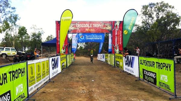 Josef Benetseder crossing the line at Granite Creek Dam as today's stage winner. 