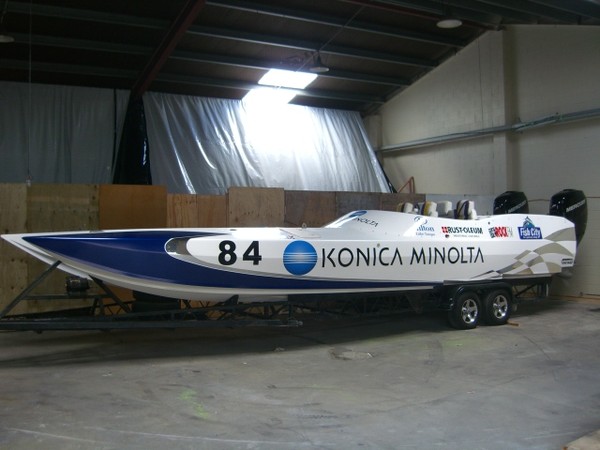 'Konica Minolta' ready to race in the Classic Class. The boat has won two New Zealand Titles in 1989 and again in 1992 when she raced as the original 'Sleepyhead' driven by Peter Turner and Peter McGrath