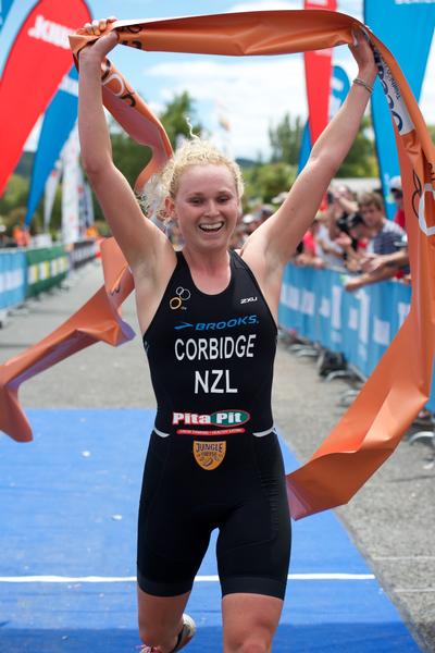 Sophie Corbidge winning the elite Oceania Sprint Triathlon Championship titles in Kinloch