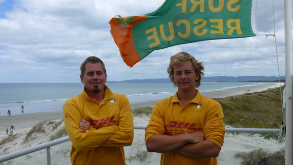 (L to R) Surf Lifeguard Joel Larimer and Patrol Captain Rory Taylor - involved in today's rescue at Ruakaka Beach.
