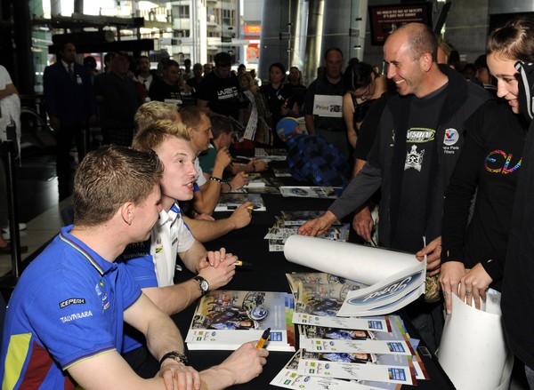 BP Ford WRC driver Jari-Matti Latvala and co-driver Miikka Anttila sign autographs for fans at SKYCITY Auckland as one of the pre-event activities during the build-up to Rally New Zealand which runs from 6 to 9 May.