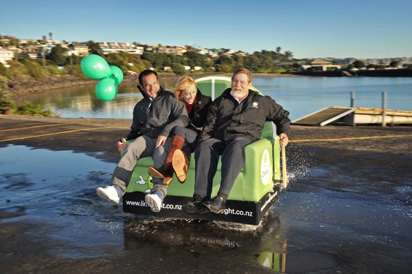  Alison Mau and Stacey Jones helped kick off the launch and set sail on a barge with the lime green couch headed for Kaitaia