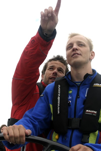 World rally stars S&#233;bastien Loeb and Mikko Hirvonen enjoy sailing NZL41 on Auckland Harbour as they get ready for Rally New Zealand.