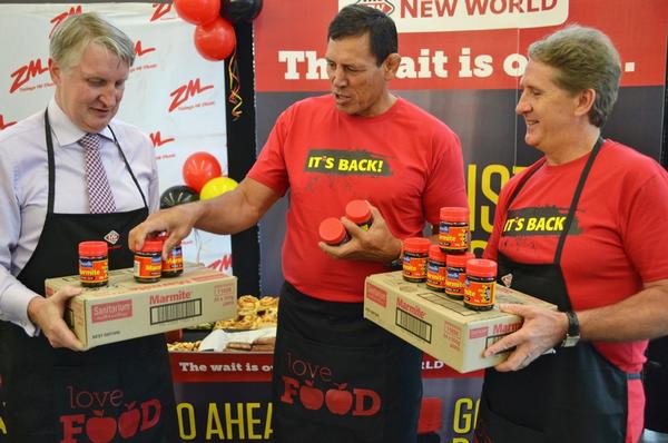 Steve Anderson, Managing Director Foodstuffs New Zealand, former All Black captain Buck Shelford and Pierre van Heerden, general manager, Sanitarium, juggle some jars of Marmite at New World Northwood, Christchurch, this morning.