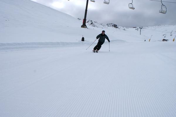 Mt Hutt ski area Operations Manager James Urquhart testing the corduroy.