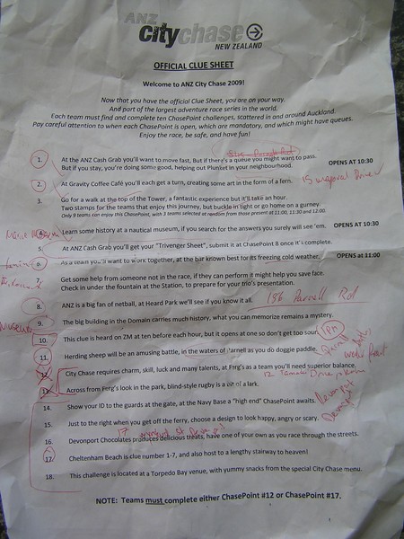 Clue sheet form ANZ City Chase 2009