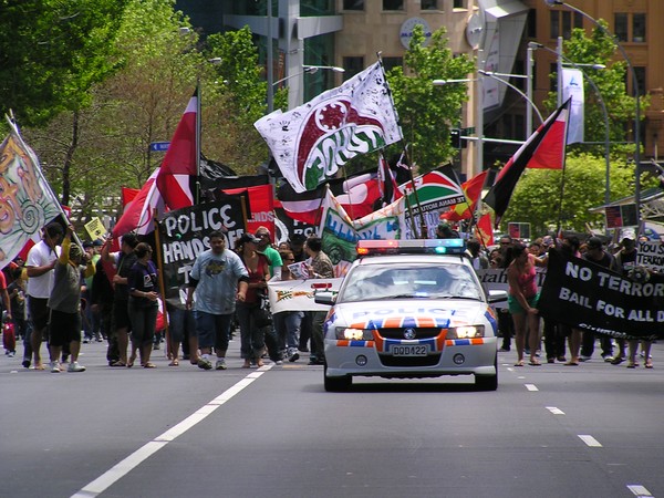 Protesters leaving Aotea Square on the march to MT Eden Prison today