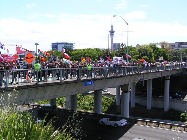 Protestors crossing the motorway on the march to MT Eden Prison