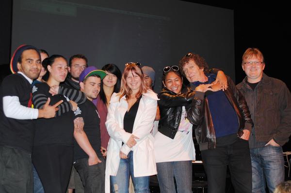 Pat Pattison (second from right) with Dave Bishop (far right) and Bay of Plenty Polytechnic Music Production & Performance students