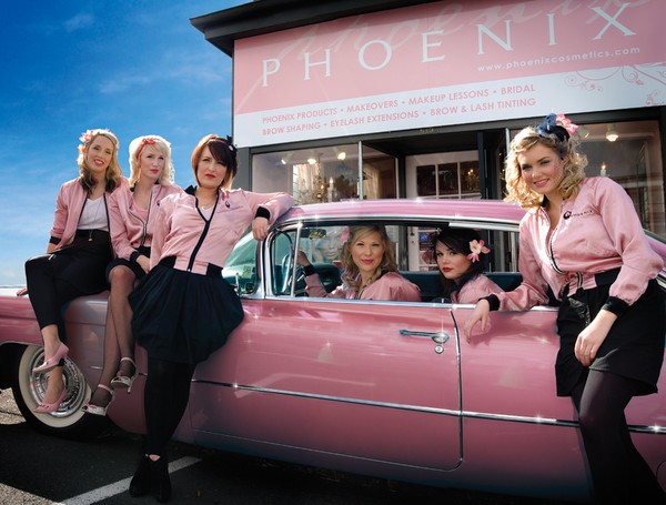 hoenix Renata and the Pink Ladies outside Phoenix Cosmetics, Kingsland