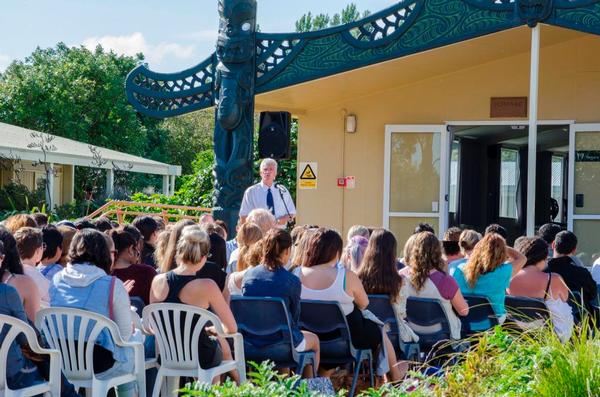 Dr Alan Hampton, Bay of Plenty Polytechnic Chief Executive, welcomes students to the Windermere Campus.