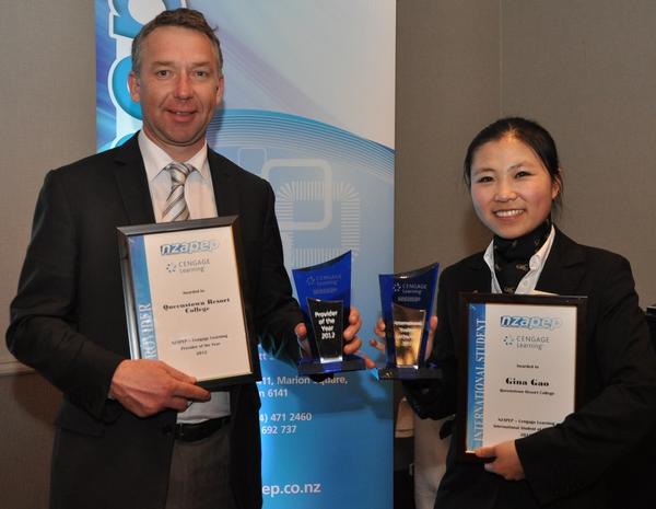 Queenstown Resort College CEO Charlie Phillips and student Gina Gao with their NZAPEP awards.  