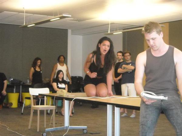 Sheree Moanaroa (Mimi) and Bradford Meurk (Roger) rehearse as the cast look on 