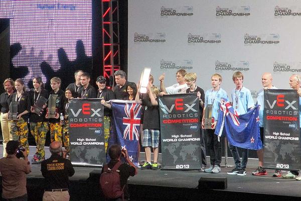 World Champion VEX Robotics teams from Lynfield College and Otumoetai College.