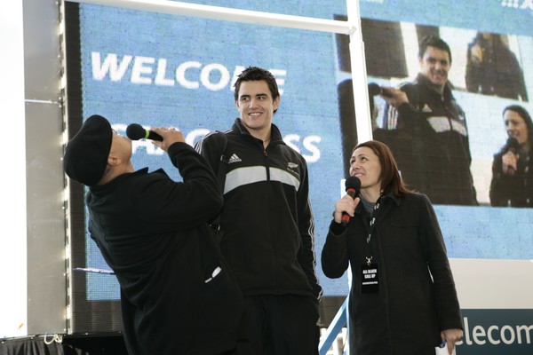 MCs Jenny-May Coffin and Oscar Kightley looking up to new All Black Isaac Ross