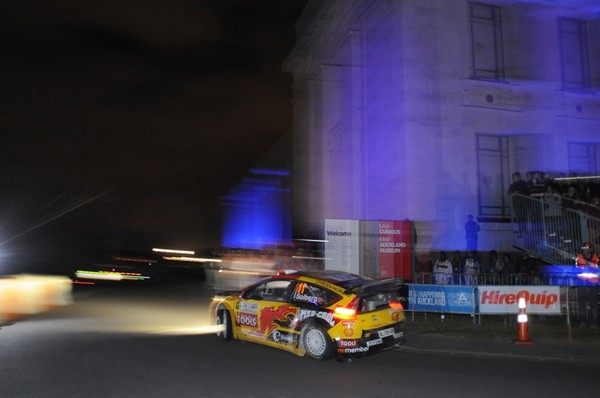 Popular WRC driver Petter Solberg had the lead by the end of day one in his privately-entered Citro&#235;n C4. Solberg is seen here in action on the Auckland Domain super special stage which attracted around 25,000 fans.