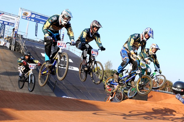 The home country Challenge class competitors in practice with the bigger elite start ramp alongside for the UCI BMX World Championships in Pietmaritzburg, South Africa starting tonight.