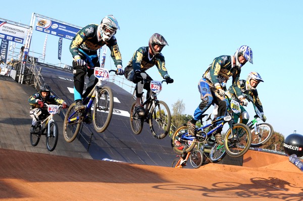 The home country Challenge class competitors in practice with the bigger elite start ramp alongside for the UCI BMX World Championships in Pietmaritzburg, South Africa starting tonight.