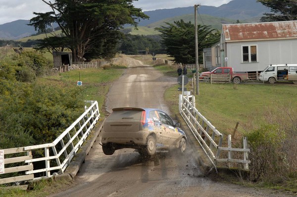 Patrick Malley and Malcolm Read pirouette in the Ford Fiesta after clipping a bridge during today's six gravel stages in the Trust House Racetech Rally Wairarapa.