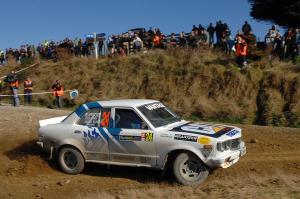 Flamboyant competitor Euan Fuge with co-driver Donna Elder thrilled spectators on their way to winning the classic category in this weekend's penultimate round of the Vantage New Zealand Rally Championship held at the Trust House Racetech Rally Wairarapa